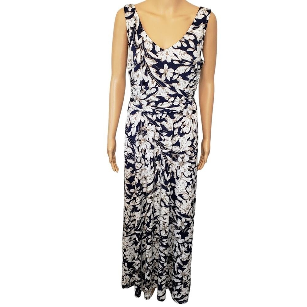 London Times Maxi Dress Sleeveless Floral Sexy Long Ruched V‎ Front Back 8